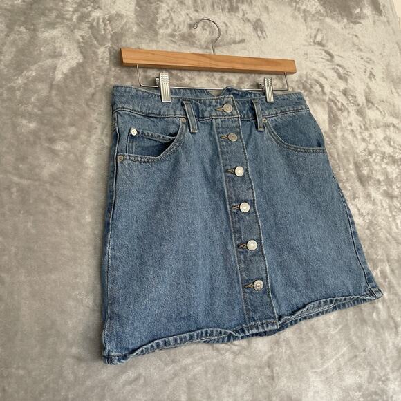Levis Denim Mini Skirt Womens 29 Notch A-Line Button Front Blue Jean Vintage Y2K - Picture 2 of 8